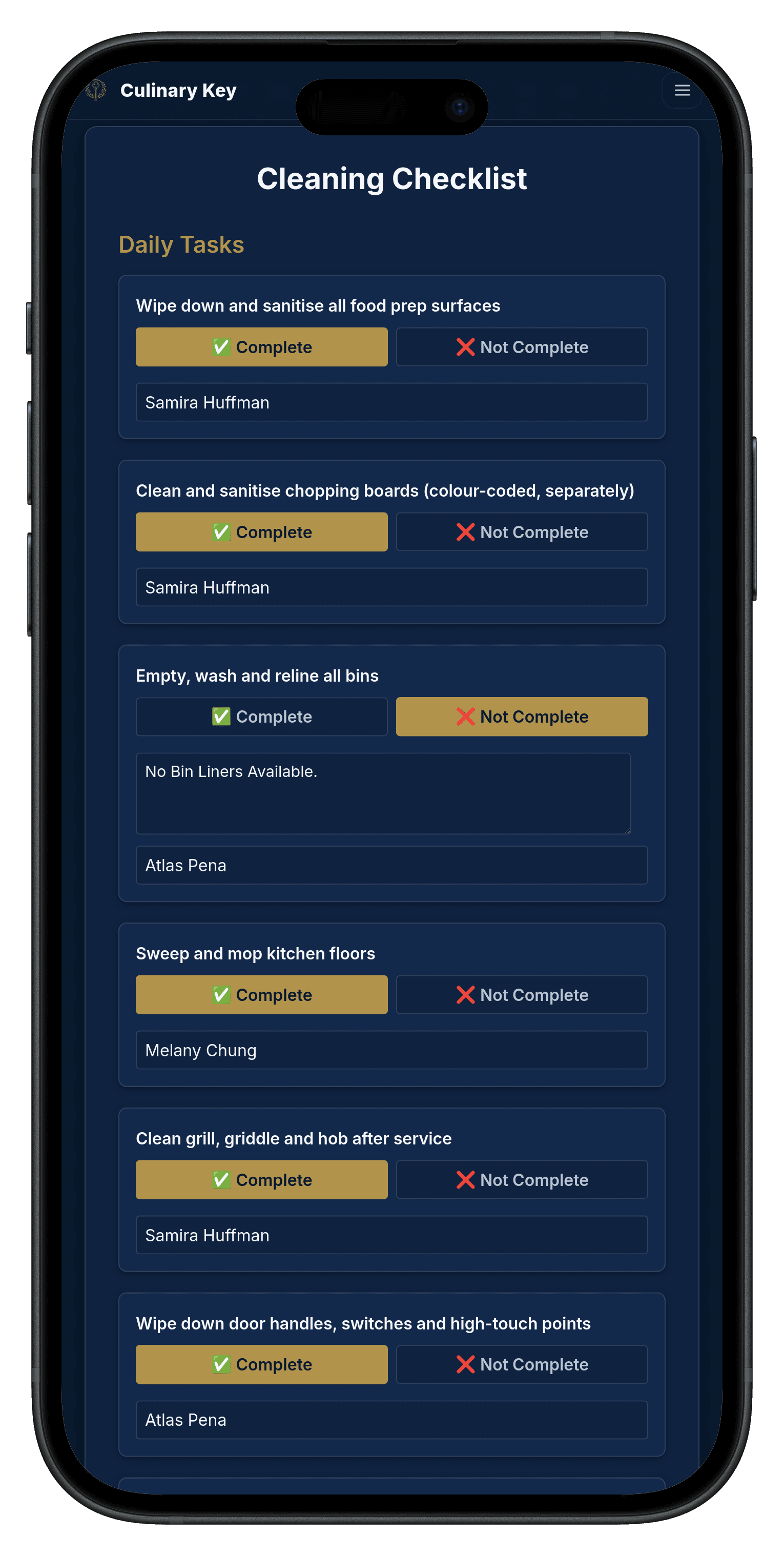 A cleaning checklist open on a phone, with tasks being ticked off during a shift