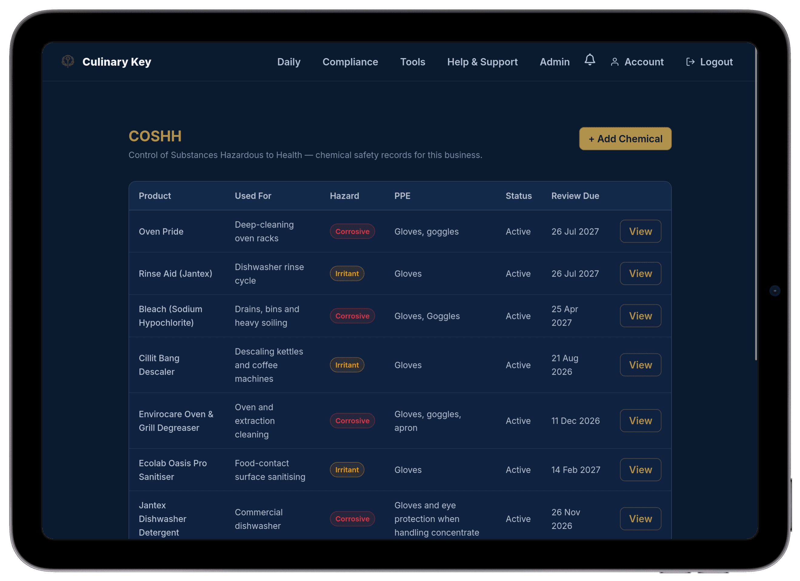 The Culinary Key COSHH register open on a tablet, listing chemical safety assessments
